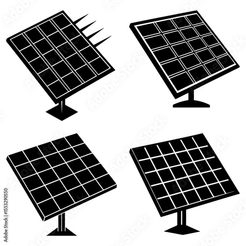 Four solar panels in black and white showing different conditions and perspectives on a white background