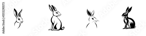 Set of four black rabbit icons showcasing various styles and poses, ideal for design projects and illustrations