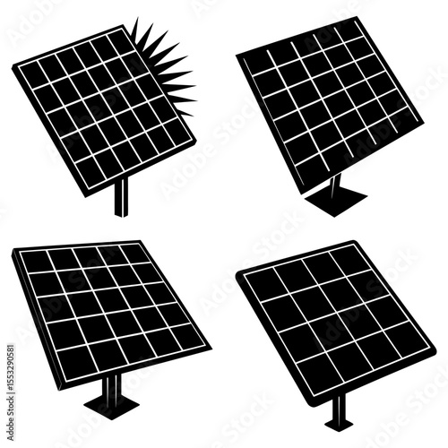 Four solar panels depicted in black and white with one panel emitting light rays in the upper left corner