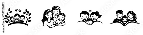 Set of black icons representing family, love, and togetherness with various poses and expressions
