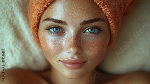 Woman with freckles, towel, relaxing on spa bed, serene background