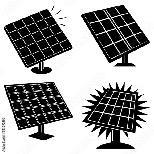 Four solar panel icons in black and white showing different angles and energy output representations of panels