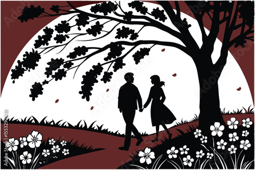 Silhouetted couple strolling through a vibrant spring garden