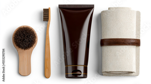 3D render of a dark brown blank beauty and spa tube mockup with a wooden toothbrush