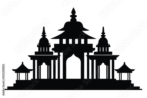 Silhouette of Asian Temple with Pagodas and Columns Vector Illustration