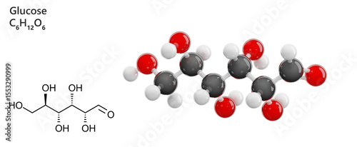 Glucose isolated on transparent background. Detailed 3D model of molecule. Molecular formula: C6H12O6. Chemical model: Ball and Stick. 3d illustration