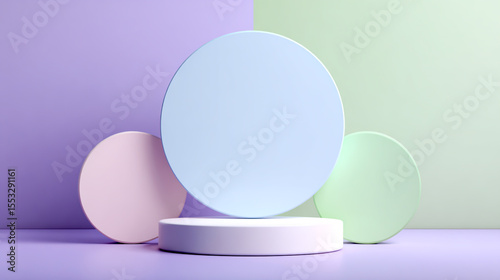 3D render of a simple white and pastel blue round empty vertical display stand mockup