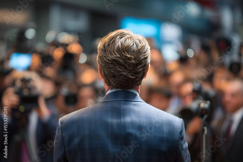 Back View of Man in Suit Facing Large Crowd with Cameras, Public Speaking Event or Press Conference Scene, Leadership and Media Presence, Formal Address Moment, Political or Corporate Announcement