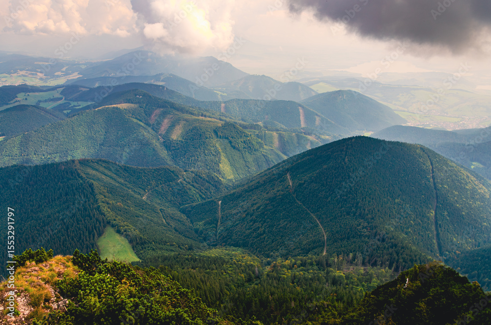 Obraz premium A mountain range with a cloudy sky. The mountains are covered in trees. The sky is cloudy and the sun is not visible