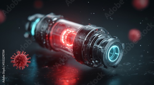 A high-tech vial with a glowing core, surrounded by virus cells. A concept for pandemics, biotechnology, scientific research, and biological weapons