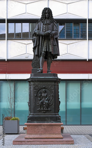 Leibniz Monument in Leipzig, Germany. The monument by the German sculptor Ernst Julius Hahnel (1811-1891) was unveiled on October 25, 1883.