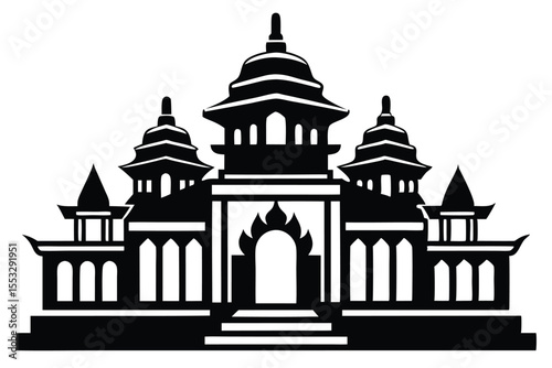 Black Silhouette Illustration of an Asian Temple with Ornate Architecture and Pagodas
