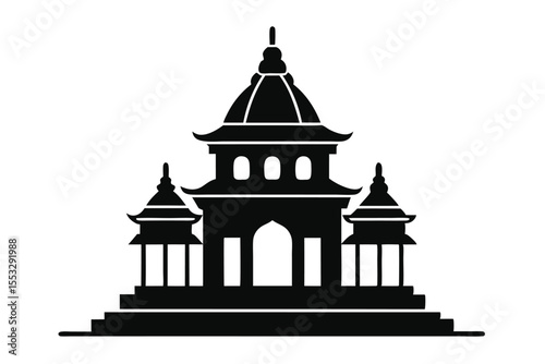 Silhouette of Asian Pagoda Temple on Stairs with Smaller Temples on Sides