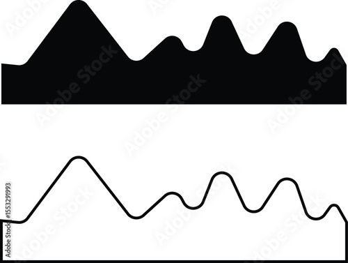 Set of mountain silhouette or vintage hill peak for forest logo or nature landscape designs. Camping or climbing sports and travel icons flat and outline styles. Outdoor hiking adventure illustration.
