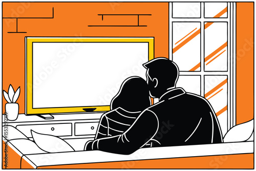 Silhouette of a loving couple enjoying a cozy evening watching television together
