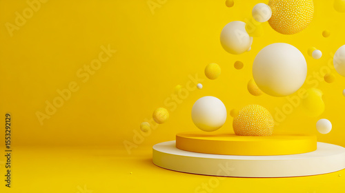 3D render of yellow and white spheres on a podium platform floating in the air against a yellow background