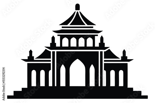 Ornate Silhouette Illustration of an Asian Inspired Temple with Tiered Roofs and Arches