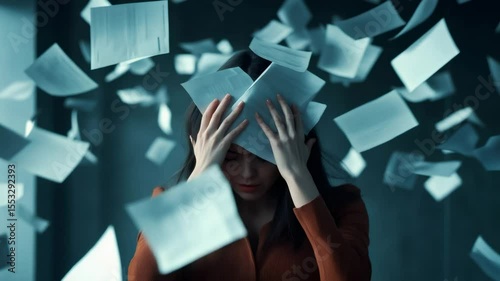 Businesswoman is holding documents over her head, protecting herself from the chaos of falling paperwork in a stressful office environment, symbolizing information overload and deadline pressure