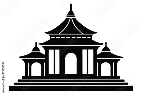 Silhouette of a Traditional Asian Pagoda Temple Building with Three Tiers and Arches