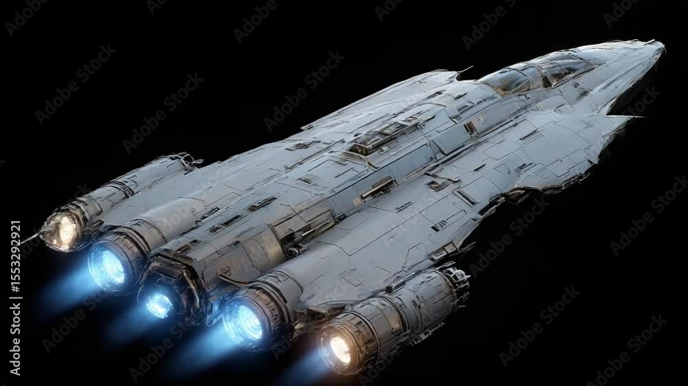 Futuristic spaceship soaring through space with glowing engines