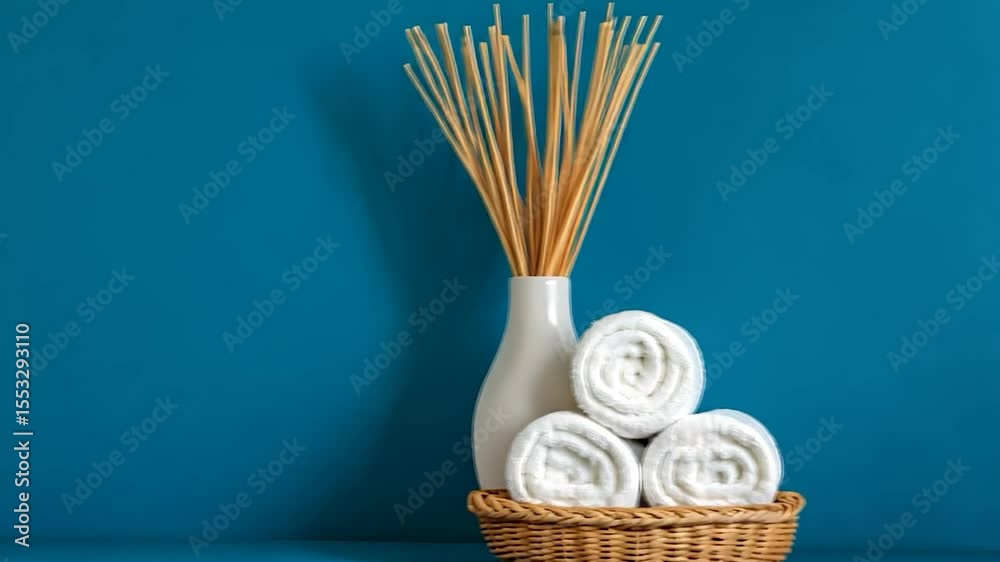 White towels in wicker basket teal background wellness spa cleanliness home decor