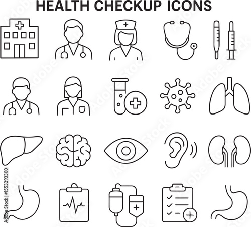 Health check up icon set. Contains such icons as hospital, doctor, nurse, stethoscope, instruments, research, organs, tests, viruses, lung, liver, brain, eye, hearing, kidneys, stomach