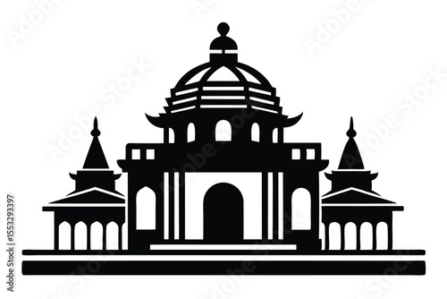 Ornate Silhouette of PagodaStyle Temple with Domes and Spires in Black