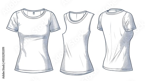 Flat technical sketch of a women’s t-shirt with front and back views and tech pack details.

Concept:
Represents fashion design and garment production—ideal for tech packs and apparel development.