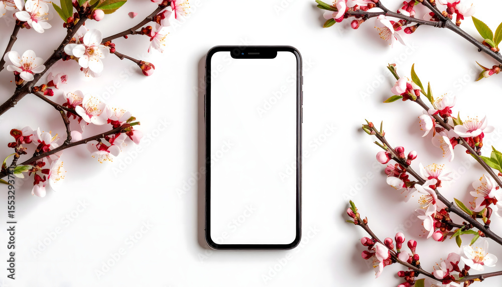 Fototapeta premium Modern Smartphone Mockup with Cherry Blossoms and Minimalist Decor