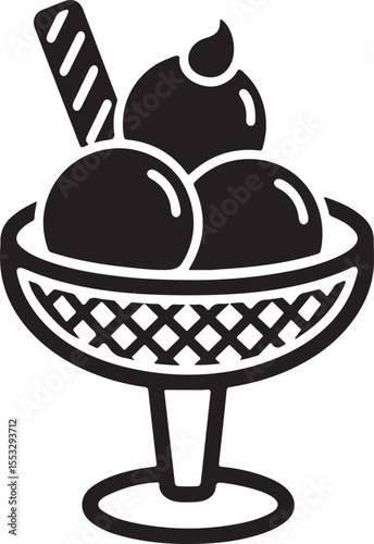 Simple black silhouette of ice cream sundae with wafer in a glass bowl