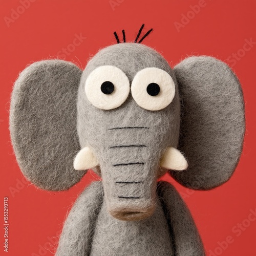 Un adorable elefante de fieltro con grandes ojos expresivos y una sonrisa sutil.