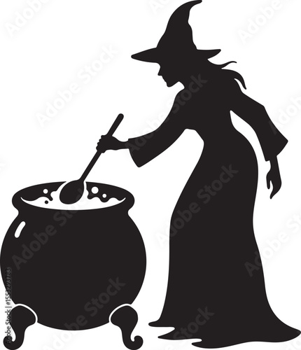 Witch stirring a bubbling cauldron wearing a pointed hat and flowing robe silhouette