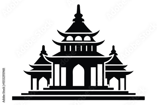 Black Silhouette of a Traditional Asian Pagoda with Multiple Tiers and Ornate Roof