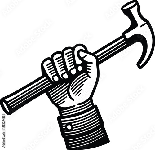 hand holding a hammer vector hand drawn illustration line art