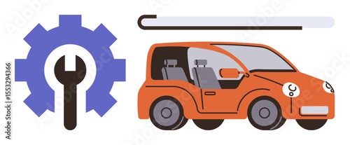 Orange compact car with gear and wrench tool representing vehicle service. Ideal for car repair, diagnostics, maintenance, auto care, mechanics, tools, and transportation concepts. Simple flat