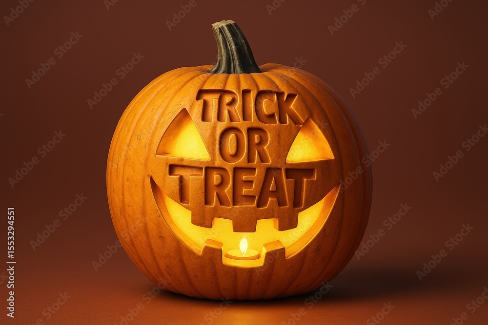 Obraz premium A Glowing Jack O Lantern with Trick or Treat Carved into its Face for a Halloween Decoration