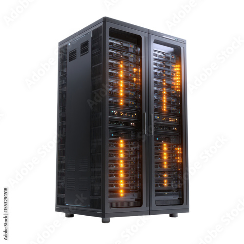 Large black server with orange lights on it. isolated-on-ransparent-3d-background