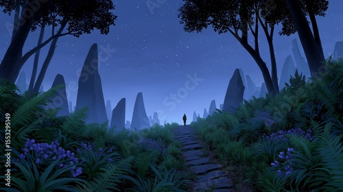 An adventurer journeys through a mystical valley of menhirs and purple flowers under a starry sky. A concept for fantasy games and book covers