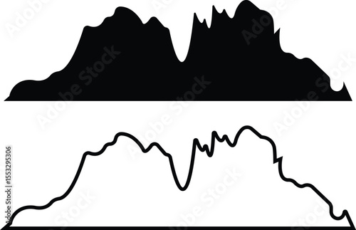 Set of mountain silhouette or vintage hill peak for forest logo or nature landscape designs. Camping or climbing sports and travel icons flat and outline styles. Outdoor hiking adventure illustration.