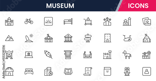 Vector illustration web line icon collection for museum: artifacts, exhibits, culture, and history symbols in a refined, modern, and elegant design style.