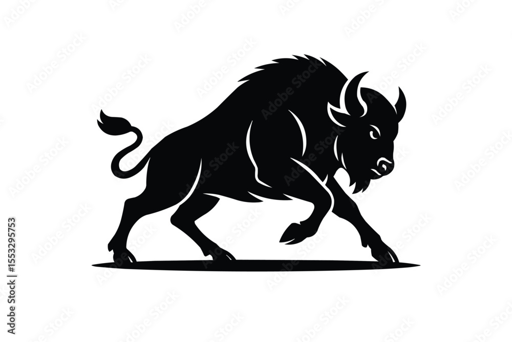 Obraz premium Silhouette of Cartoon vector bison rearing up with Raised Tail , bison leaping forward with bold lines and expressive face, front legs lifted, tail raised 