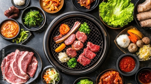 Diverse Korean BBQ spread on a dark surface