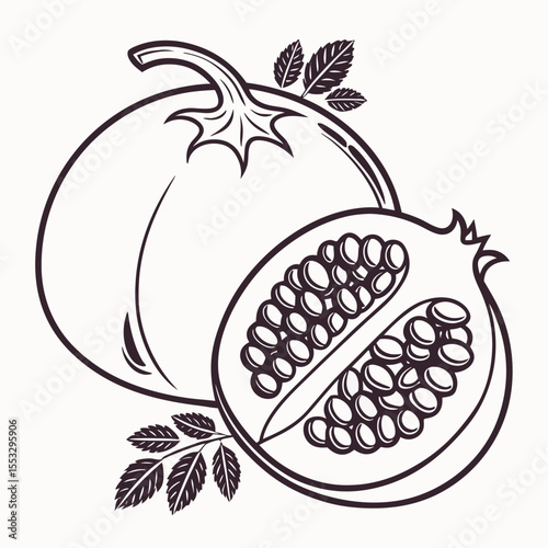Stylized line art illustration of a whole pomegranate and a halved pomegranate with arils and leaves