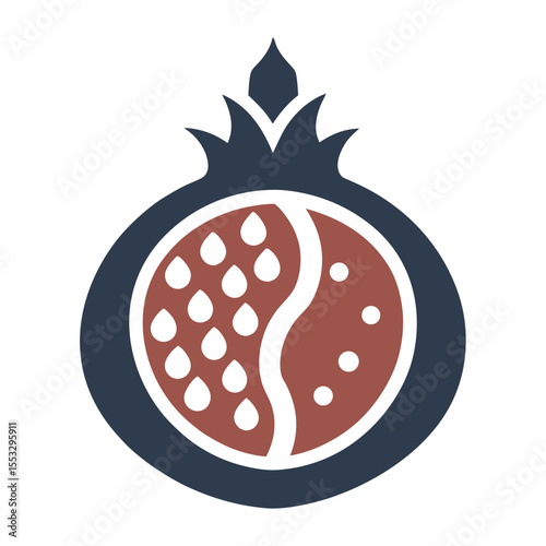 Stylized pomegranate icon with seeds and a yin yang symbol