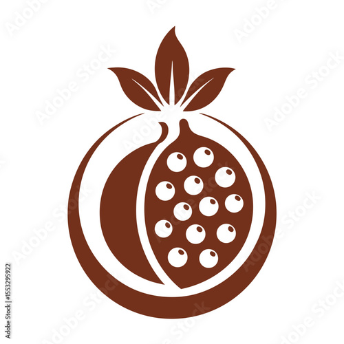 Stylized brown pomegranate icon with seeds and leaves on a white background