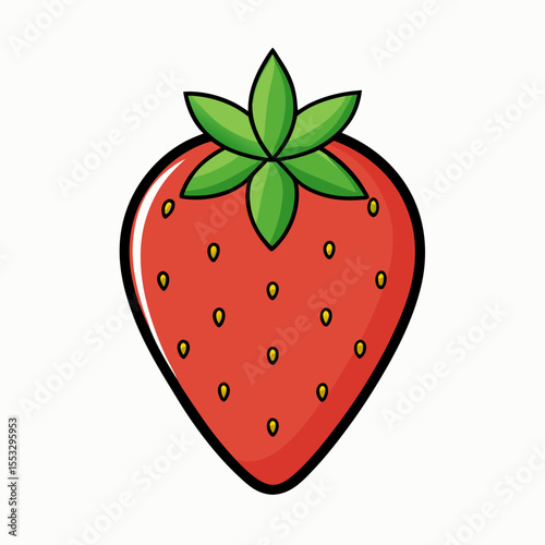 Simple cartoon illustration of a ripe red strawberry with green leaves and yellow seeds