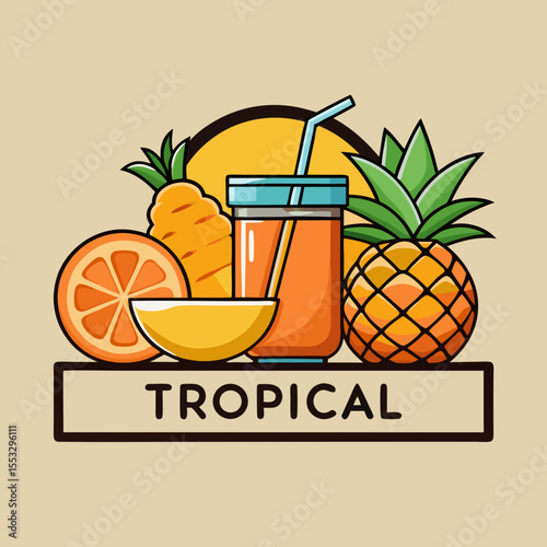 Refreshing tropical fruit juice with pineapple orange and mango