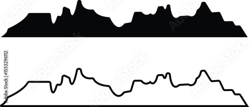 Set of mountain silhouette or vintage hill peak for forest logo or nature landscape designs. Camping or climbing sports and travel icons flat and outline styles. Outdoor hiking adventure illustration.
