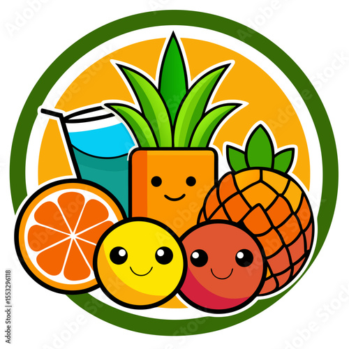 Cute cartoon fruits and drink with happy faces in a circle