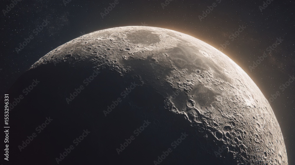 Naklejka premium Detailed Lunar Surface CloseUp with Visible Craters, Bumps, and Faint Stars in the Background